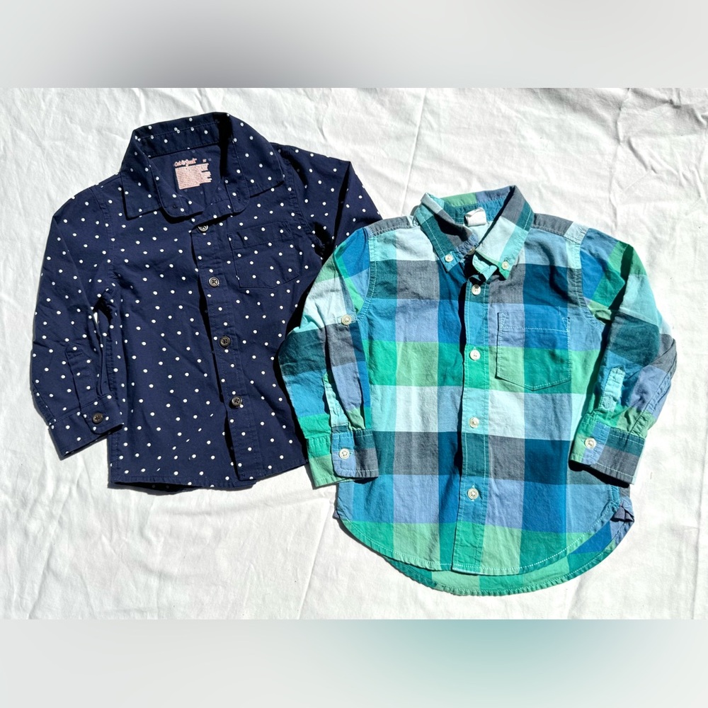 🐰 NWOT Boys GAP Blue Green Plaid and Navy Polka Dot Cat & Jack Button-Up Shirts